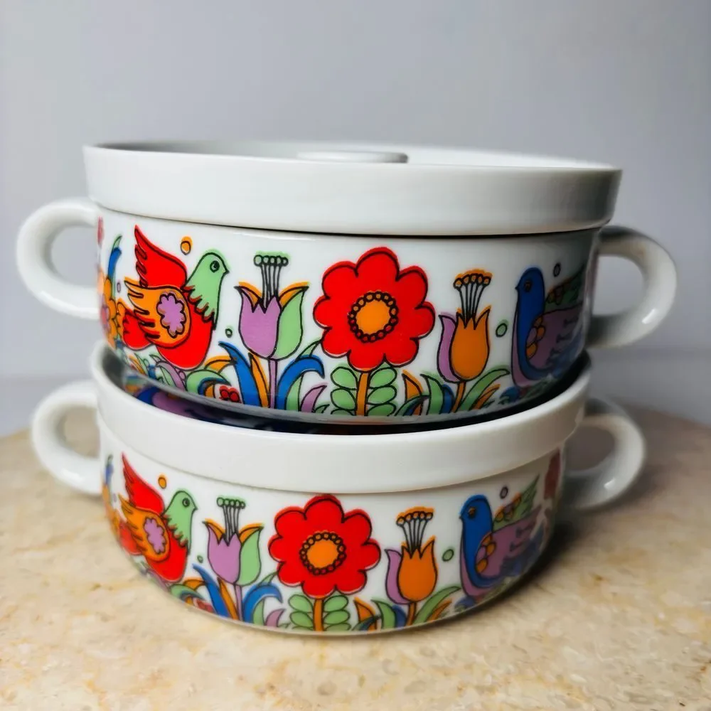 3 Vintage Crown Royal Porcelain Paradise Pattern Bowl & Lid Oven proof 3697‎
